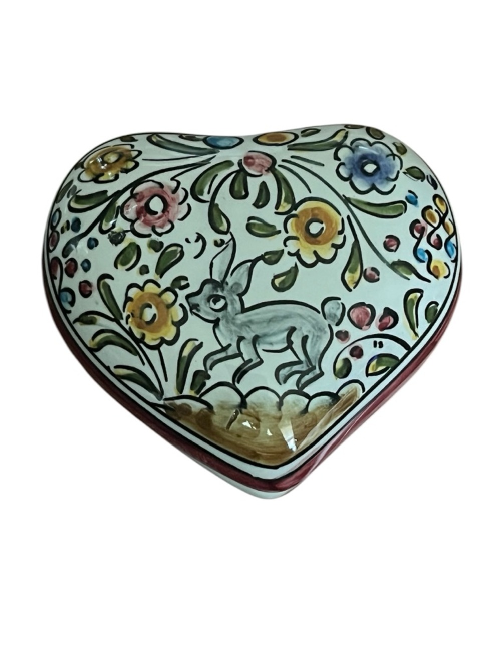Vtg Coimbra Portugal Hand Painted Heart Trinket Box - Rabbit Motif - SEC XVII